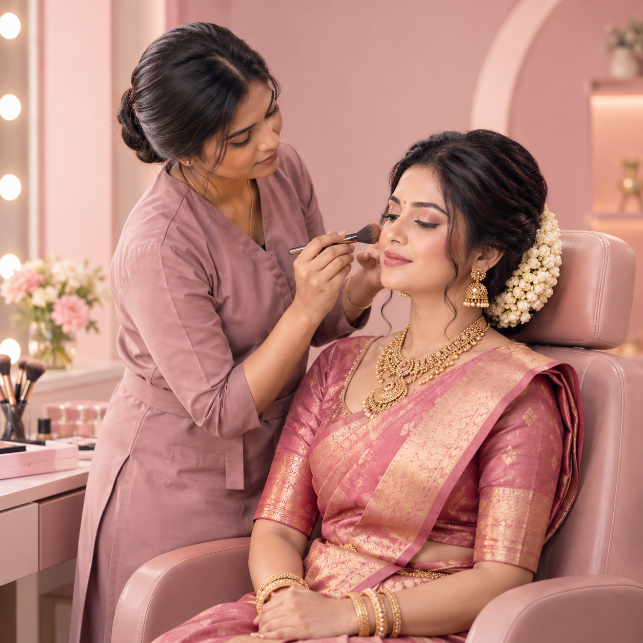 A makeup artist doing a client's bridal makeup in the studio