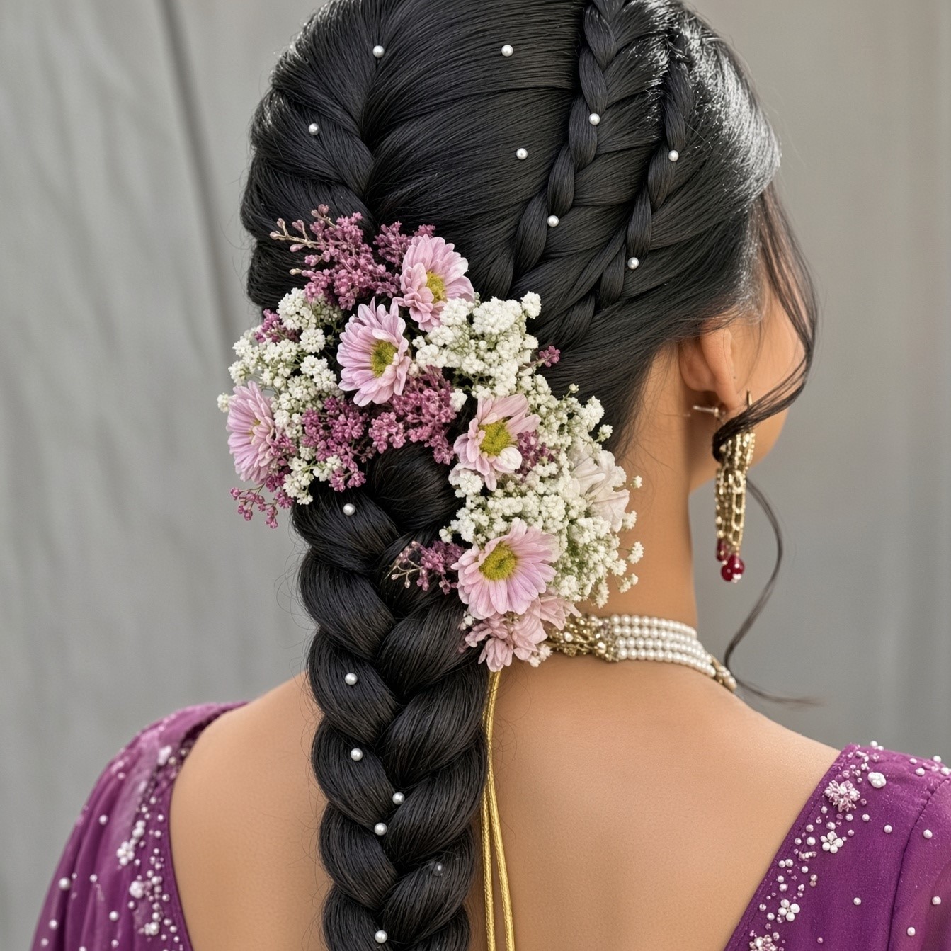Braided bridal hairstyle decorated with flowers