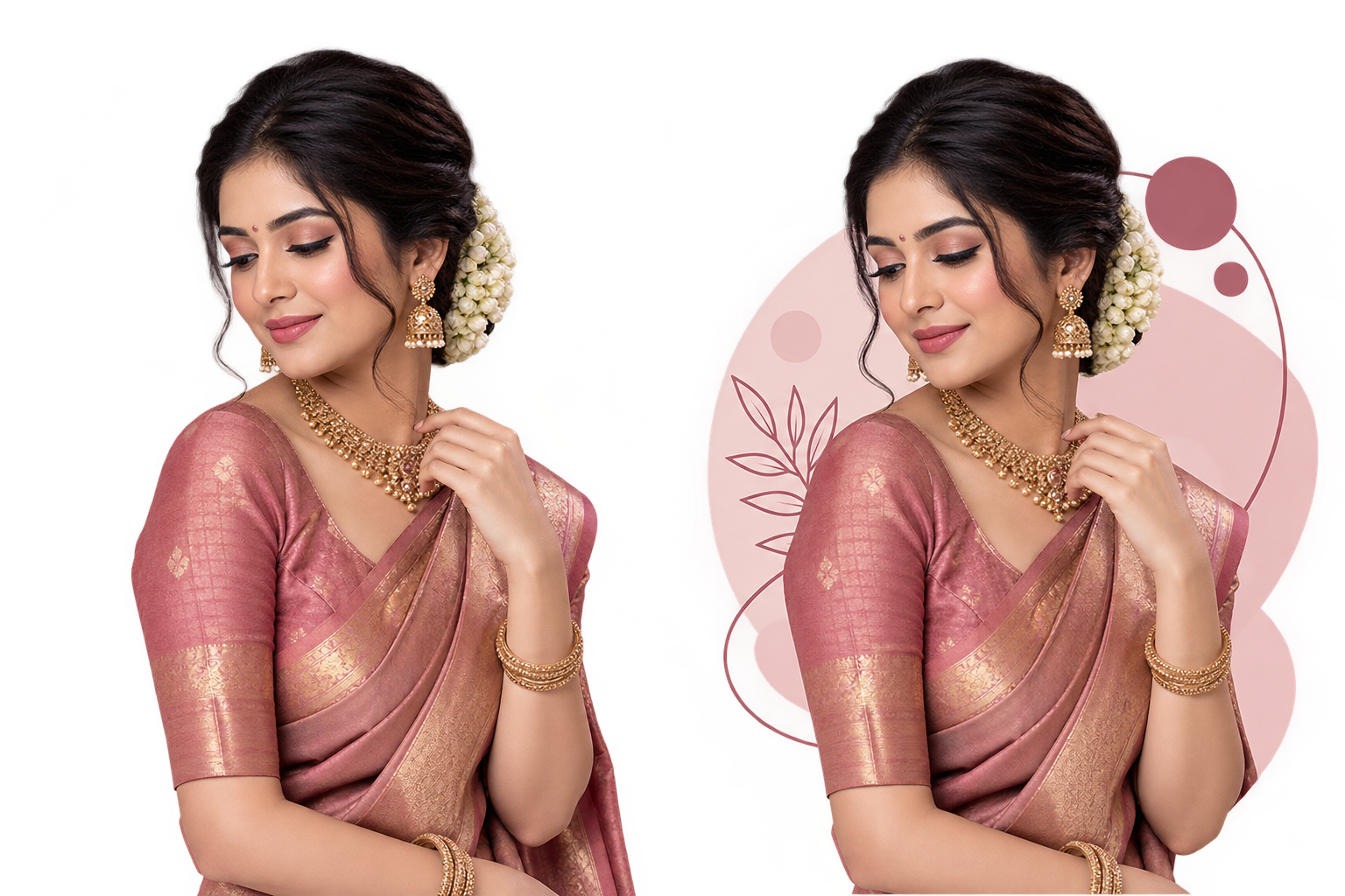 Woman in a pink silk saree with gold jewellery and jasmine in her hair