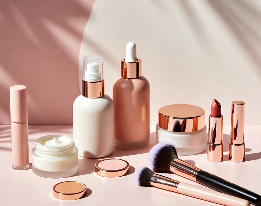 Skincare bottles, lipsticks and makeup brushes arranged on a table